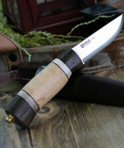 Helle Trofe 85, 3.5 " Triple Laminated Stainless Steel Drop Point Plain Blade, Darkened Oak, Leather, Staghorn and Curly Birch Handle