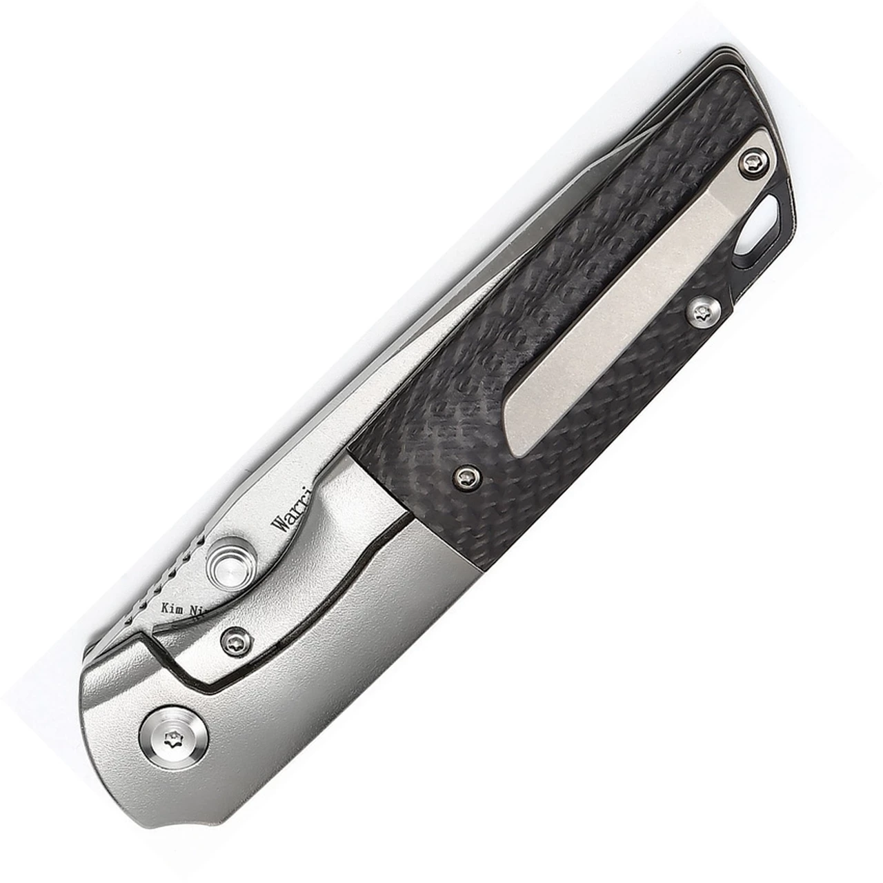 Kansept Knives, K1005T2, Warrior Flipper Knife, 3.4" CPM-S35VN Stonewashed Tanto Blade, Titanium with Marble Carbon Fiber Handle 2 Kansept Knives, K1005T2, Warrior Flipper Knife, 3.4" CPM-S35VN Stonewashed Tanto Blade, Titanium with Marble Carbon Fiber Handle - Image 2