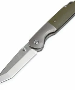 Kansept Knives, K1005T5, Warrior Flipper Knife, 3.4" CPM-S35VN Stonewashed Tanto Blade, Titanium with Green Micarta Handle