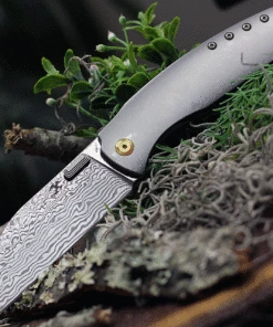 Kansept Knives Convict K1023D1, 3.3" Damascus Steel Sheepfoot Blade, Gray Titanium Handle