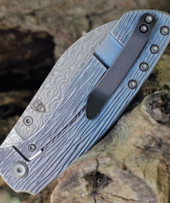 Kansept Knives Convict K1023W1, 3.3" Damascus Steel Sheepfoot Blade, Blue Titanium Wood Grain Handle -Buck Knives Sales K1023W1.2 06541.1624479134