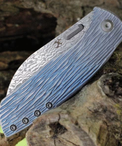 Kansept Knives Convict K1023W1, 3.3" Damascus Steel Sheepfoot Blade, Blue Titanium Wood Grain Handle -Buck Knives Sales K1023W1.3 65454.1624479135