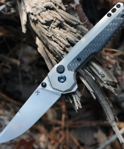 Kansept Knives Kansept EDC Tac Button Lock - Gray Ti / Twill CF (3.1" S35VN Satin) K2009A2