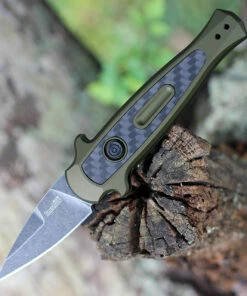 Kershaw Knives Kershaw 7130 Launch 12CA Mini Stiletto, 1.9 " CPM154 Black Stonewashed Plain Blade, Olive Aluminum w/ Carbon Fiber Insert Handle