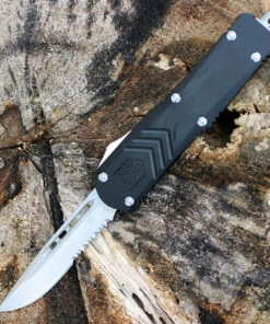 CobraTec Black FS-X OTF Knife CTKMBLKFS-XMDS, 3" D2 Steel Drop Point Serrated Blade, Black Aluminum Handle