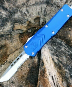 CobraTec Blue FS-X OTF Knife CTKMBLUFS-XMTS, 3" D2 Steel Tanto Serrated Blade, Blue Aluminum Handle