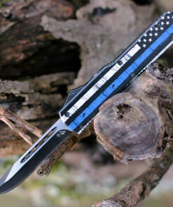 Templar Knife Co. Templar Knife Slim OTF Back The Blue M-BTB-33-1, 3.5" 440C Black/Satin Drop Point Blade, Aluminum Zinc Handle