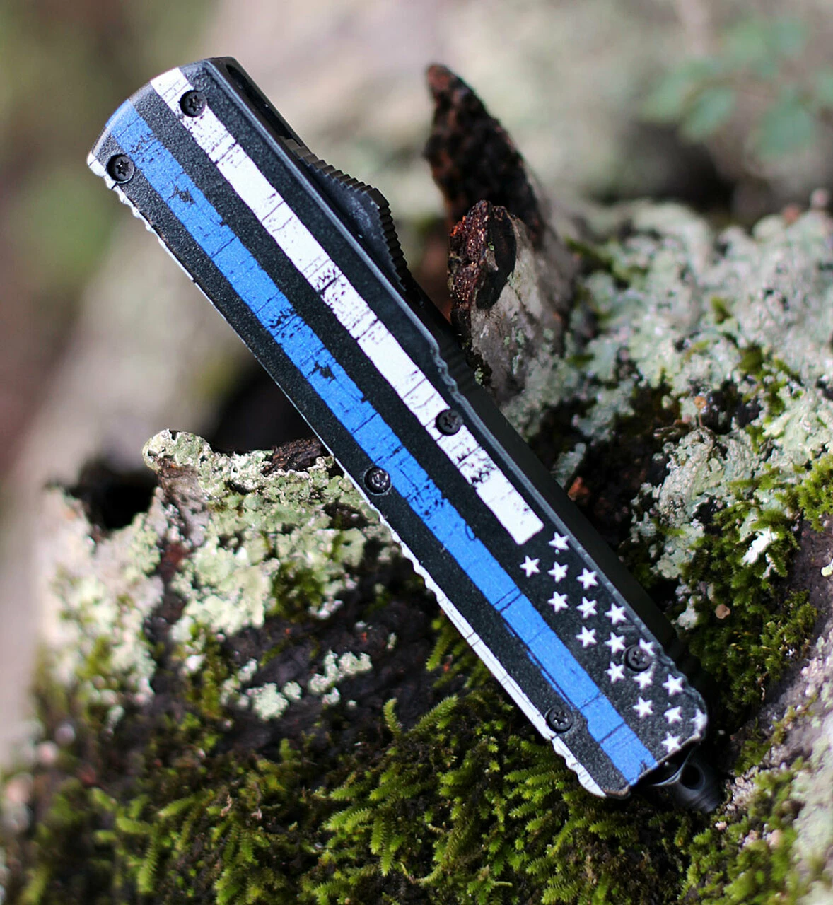 Templar Knife Co. Templar Knife Slim OTF Back The Blue M-BTB-23-1, 3.5" 440C Black/Satin Tanto Blade, Aluminum Zinc Handle 3 Templar Knife Co. Templar Knife Slim OTF Back The Blue M-BTB-23-1, 3.5" 440C Black/Satin Tanto Blade, Aluminum Zinc Handle - Image 3