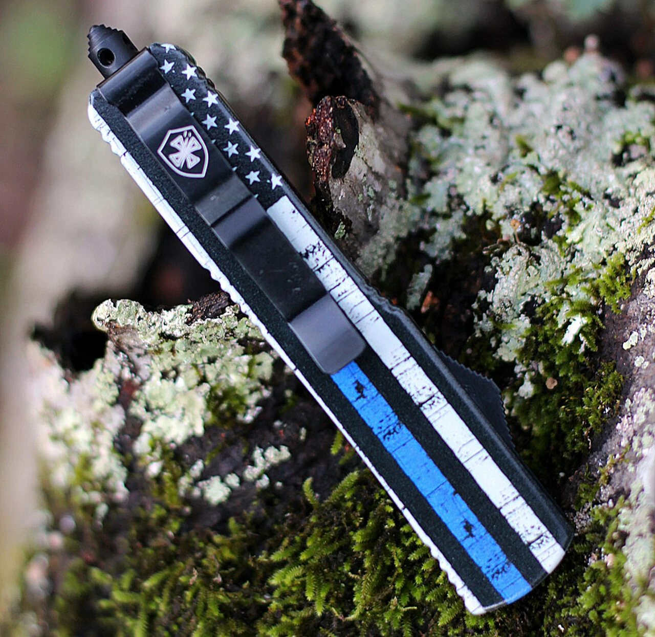 Templar Knife Co. Templar Knife Slim OTF Back The Blue M-BTB-23-1, 3.5" 440C Black/Satin Tanto Blade, Aluminum Zinc Handle 4 Templar Knife Co. Templar Knife Slim OTF Back The Blue M-BTB-23-1, 3.5" 440C Black/Satin Tanto Blade, Aluminum Zinc Handle - Image 4