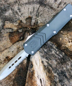 CobraTec Gray FS-X OTF Knife CTKMGRYFS-XMDAG1SS, 3" D2 Steel Dagger Serrated Blade, Gray Aluminum Handle