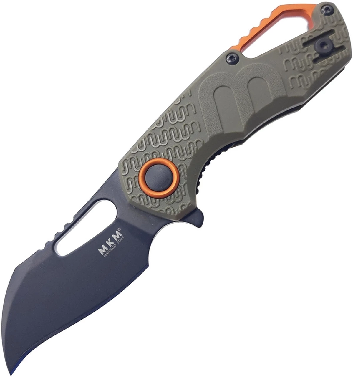 MKM - Maniago Knife Makers Isonzo Black Coated Hawkbill Blade, OD Green FRN Handle, Orange Aluminium Spacer 1 MKM - Maniago Knife Makers Isonzo Black Coated Hawkbill Blade, OD Green FRN Handle, Orange Aluminium Spacer
