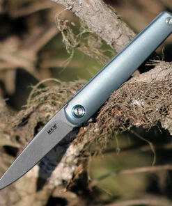 MKM - Maniago Knife Makers, Zieba Flame Flipper, FL01-TBSW, 2.9" Stonewashed Drop Point Blade, Blue Titanium Handle