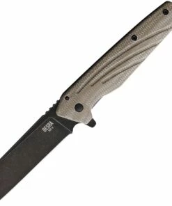 Ontario Knife Co. Bersa 9000, 2.9" AUS-8 Black PVD Stonewashed Cleaver Blade, Tan Linen Micarta & Titanium Handles