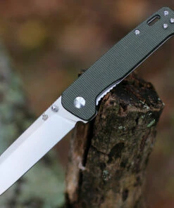 QSP Knife Penguin Linerlock QS130-C, 3" D2 Satin Sheepsfoot Plain Blade, Green Linen Micarta Handle