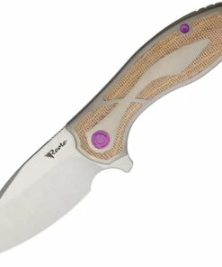 Reate Knives Iron Flipper Knife , 3.25" M390 Satin Spear Point Blade, Titanium Handle with Brown Micarta Inlay, Purple Anodized Hardware