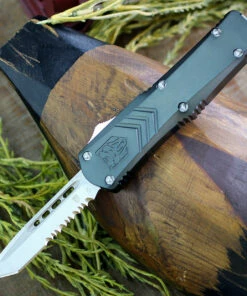 CobraTec Gray FS-X OTF Knife CTKSGRYFS-XSTS, 2.75" D2 Steel Tanto Serrated Blade, Gray Aluminum Handle