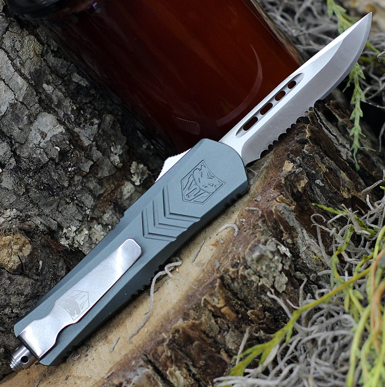 CobraTec Gray FS-X OTF Knife CTKSGRYFS-XSDS, 2.75" D2 Steel Drop Point Part Serrated Blade, Gray Aluminum Handle 2 CobraTec Gray FS-X OTF Knife CTKSGRYFS-XSDS, 2.75" D2 Steel Drop Point Part Serrated Blade, Gray Aluminum Handle - Image 2