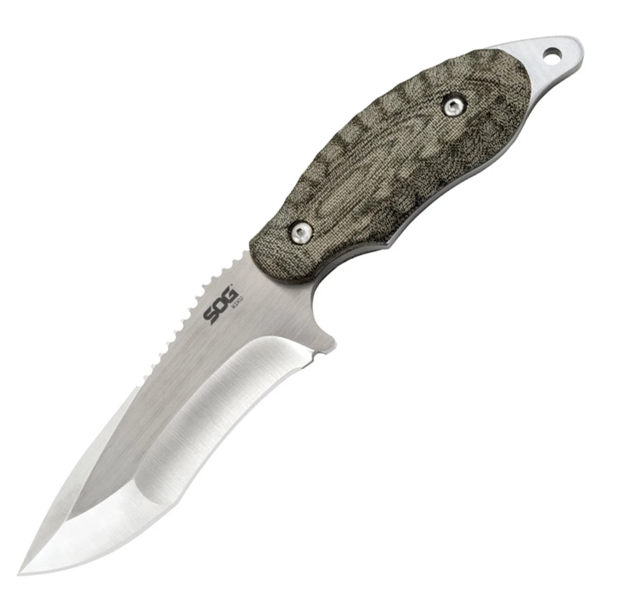 SOG Kiku Fixed Blade KU-2022, 4.1" S35VN Satin Plain Blade, Green Linen Micarta Handle, Black Kydex Sheath 1 SOG Kiku Fixed Blade KU-2022, 4.1" S35VN Satin Plain Blade, Green Linen Micarta Handle, Black Kydex Sheath