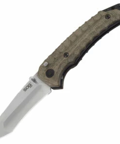 SOG Kiku Assisted Folding Knife KU-3003, 3.5" CPM-S35VN Satin Compound Tanto Plain Blade, Green Linen Micarta Handle