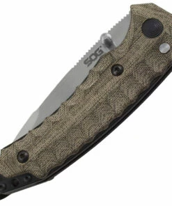 SOG Kiku Assisted Folding Knife KU-3003, 3.5" CPM-S35VN Satin Compound Tanto Plain Blade, Green Linen Micarta Handle -Buck Knives Sales SOGKU3003ntb 52559.1619708934