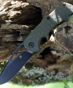 Kansept Knives Kryo KT1001A6, 3.6" D2 Black Plain Blade, Green G-10 Handles w/ Circle Design