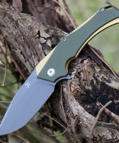 Kansept Knives KT1008A2 Hellx, 3.60" D2 Stonewashed Blade, OD Green G10/Bronze Anodized SS Handle