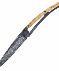 Deejo Knives Deejo DEE1GB141 Tattoo Black Pacific 37g, 3.75" Black Titanium Coated Z40C13 SS Blade, Olivewood Handle