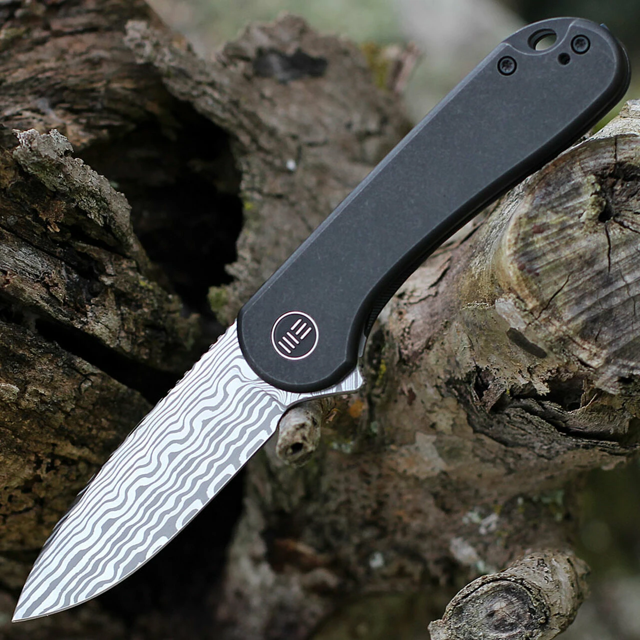 We Knife Co. WE Knife Elementum Frame Lock - Blk Ti (3" Hakkapella Damasteel) WE18062X-DS1 1 We Knife Co. WE Knife Elementum Frame Lock - Blk Ti (3" Hakkapella Damasteel) WE18062X-DS1
