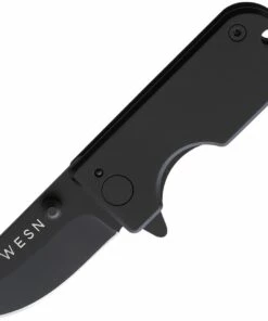 WESN Goods Microblade 2.0 Folding Knife, 1.5" D2 Black Drop Point Plain Blade, Black Titanium Handle