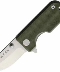 WESN Goods Microblade 2.0 Folding Knife, 1.50" D2 Satin Plain Blade, Green G-10 Handle and Titanium Back Handle