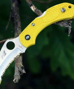 Spyderco Knives Spyderco Dragonfly2 Hawkbill Salt C28SYL2HB, 2.3 in. H-1 Serrated Blade, Yellow FRN Handle