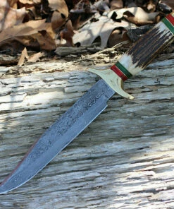 Damascus Blade Knife Damascus 1032 Bowie, 9" Damascus Plain Blade, Stag Handle