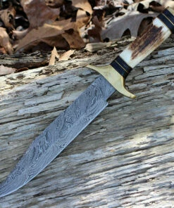 Damascus Blade Knife Damascus 1033 Iron Maiden Bowie, 9" Damascus Plain Blade, Round Stag Handle
