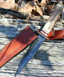 Damascus Blade Knife Damascus 1043 El Dorado Skinner, 6" Damascus Plain Blade, Round Stag Handle