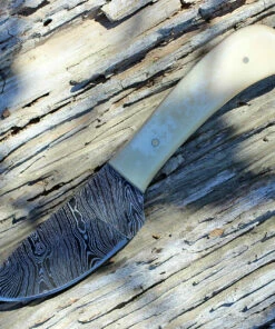 Damascus Blade Knife Damascus 1080BO Skinner, 3" Damascus Plain Blade, White Smooth Bone Handle