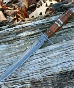 Damascus Blade Knife Damascus 1104 Dagger, 9.5" Damascus Plain Blade, Rosewood Handle