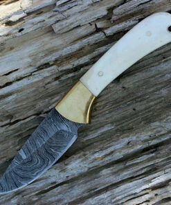 Damascus Blade Knife Damascus 1129 Small Skinner, 3" Damascus Plain Blade, Natural Bone Handle