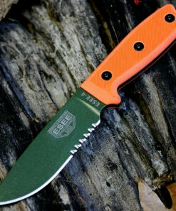 ESEE Knives, 4S-OD, Green Blade, Combo Edge, Orange G-10 Handle, Black Molded Sheath and Clip Plate