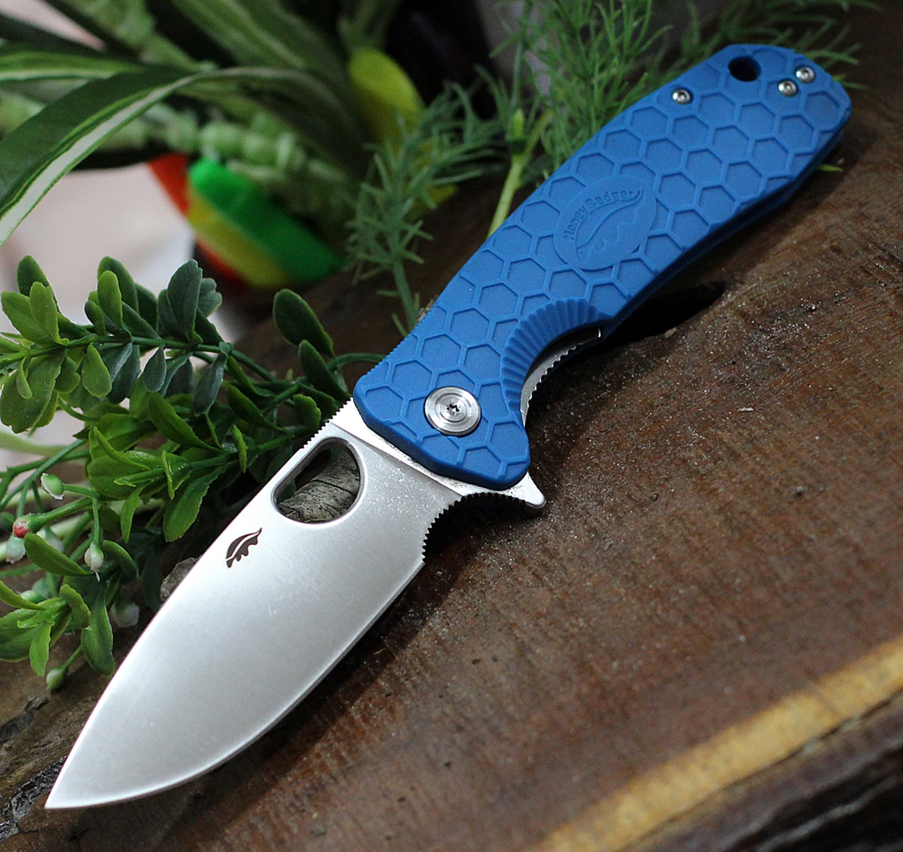 Honey Badger Knives Large Flipper HB1004, 3.63" 8Cr13MoV Satin Drop Point Plain Blade, Blue FRN Handle 1 Honey Badger Knives Large Flipper HB1004, 3.63" 8Cr13MoV Satin Drop Point Plain Blade, Blue FRN Handle