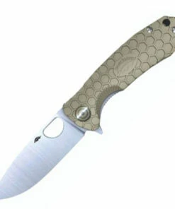 Honey Badger Knives Large D2 Flipper HB1009, 3.63" D2 Satin Drop Point Plain Blade, Tan FRN Handle w/ Red Back Spacer
