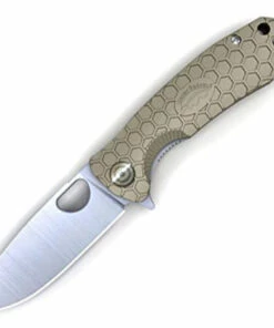 Honey Badger Knives Medium D2 Flipper HB1015, 3.19" D2 Satin Drop Point Plain Blade, Tan FRN Handle
