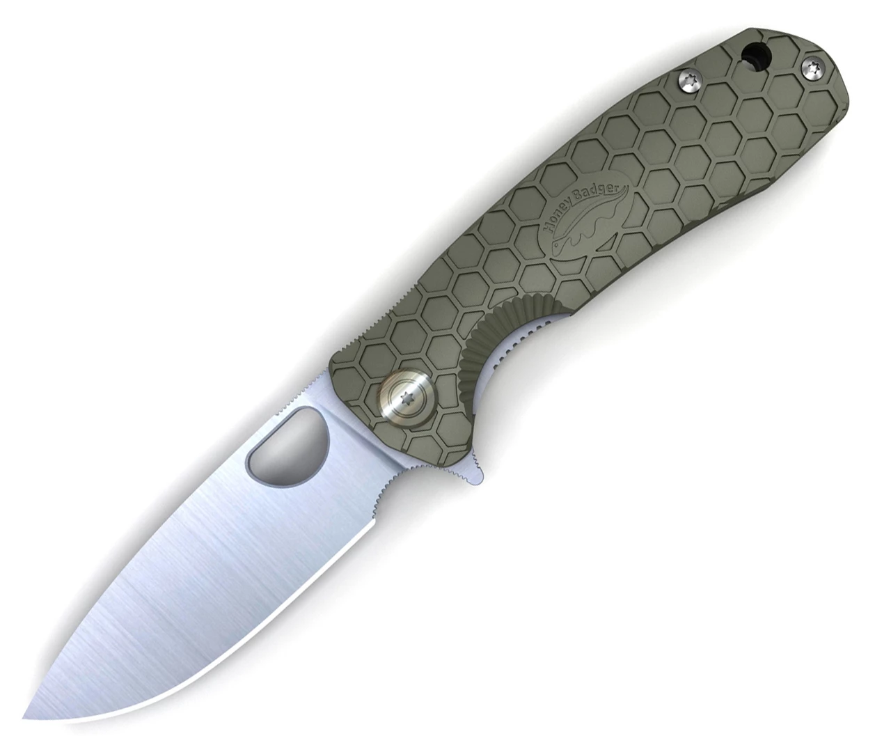 Honey Badger Knives Small Flipper HB1023, 2.81" 8Cr13MoV Satin Drop Point Plain Blade, Green FRN Handle 1 Honey Badger Knives Small Flipper HB1023, 2.81" 8Cr13MoV Satin Drop Point Plain Blade, Green FRN Handle