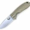 Honey Badger Knives Small D2 Flipper HB1027, 2.81" D2 Satin Drop Point Plain Blade, Tan FRN Handle