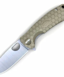 Honey Badger Knives Small D2 Flipper HB1027, 2.81" D2 Satin Drop Point Plain Blade, Tan FRN Handle
