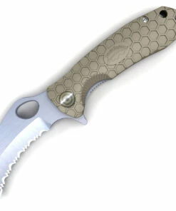 Honey Badger Knives Medium Claw Flipper HB1132, 3.0" 8Cr13Mov Claw Serrated Blade, Tan FRN Handle