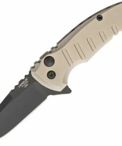 Hogue 24177 X1 Micro Button Lock, 2.75" CPM-154 Plain Blade, Matte Tan Aluminum Handle