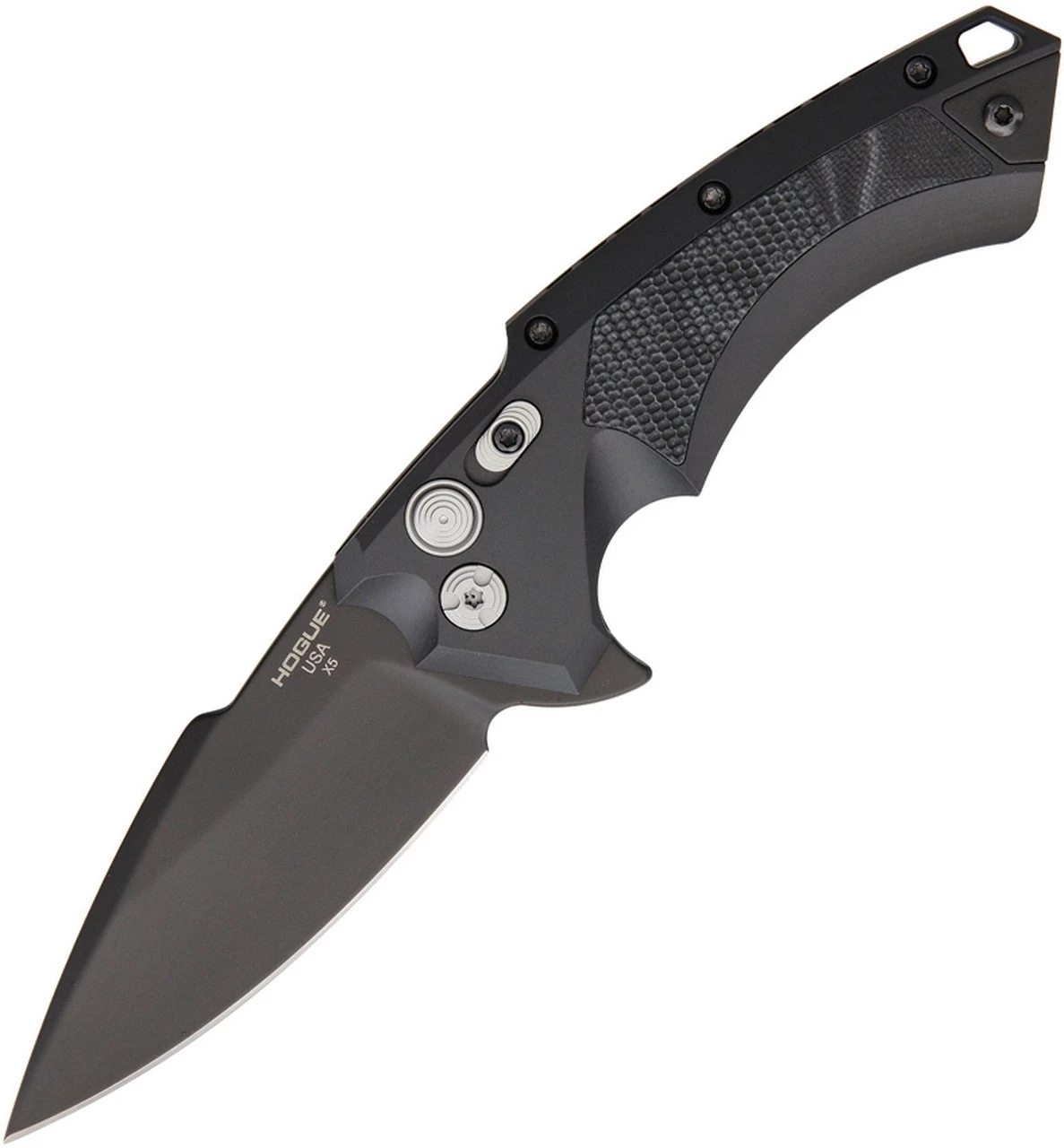 Hogue 34579 X5 Button Lock Folder, 3.5" CPM-154 Black Spear Point Blade-Black Aluminum Frame/G-Mascus Black G-10 1 Hogue 34579 X5 Button Lock Folder, 3.5" CPM-154 Black Spear Point Blade-Black Aluminum Frame/G-Mascus Black G-10