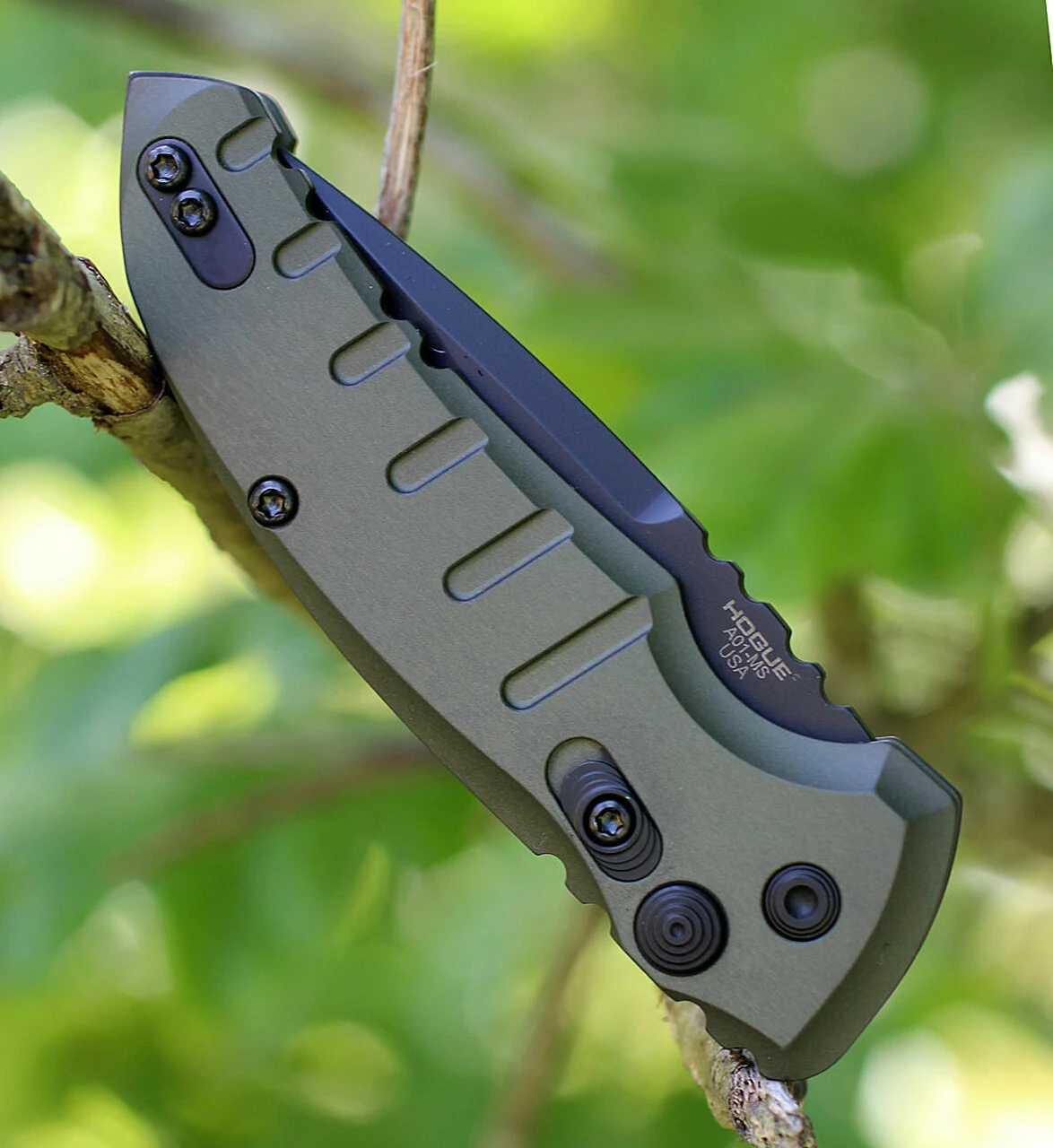 Hogue A01 Microswitch Drop Point 24111, 2.75" Black CPM154 Plain Blade, Matte OD Aluminum Handle 3 Hogue A01 Microswitch Drop Point 24111, 2.75" Black CPM154 Plain Blade, Matte OD Aluminum Handle - Image 3