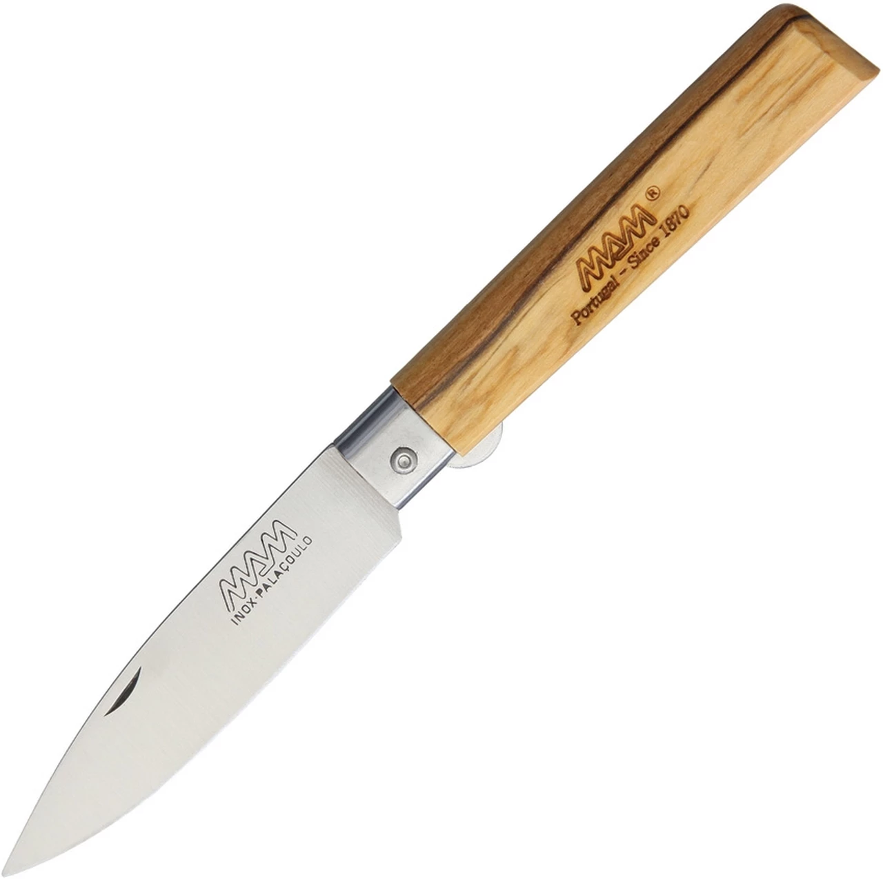 MAM2036L Linerlock Drop Point, 3" Stainless Steel Satin Blade, Olive Wood Handle 1 MAM2036L Linerlock Drop Point, 3" Stainless Steel Satin Blade, Olive Wood Handle