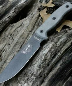 ESEE Knives, 6S-TG Tactical Gray Partially Serrated Edge, Rounded Pommel, Linen Micarta Handles, Black Molded Sheath